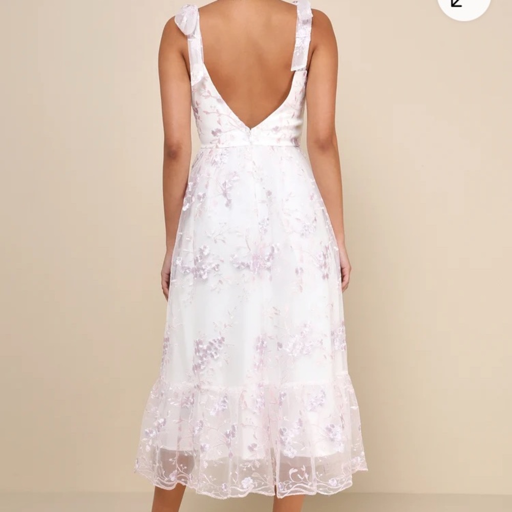 New: Lulus Distinctly Sweet White Floral Embroidered Tie-Strap Midi. Size Med - Picture 3 of 12